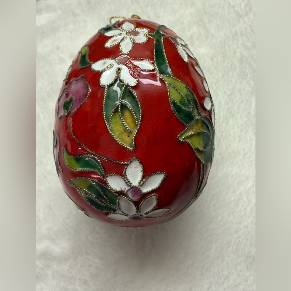 Floral Red and Green Decorative Vintage Cloisonné Enamel Egg ornament